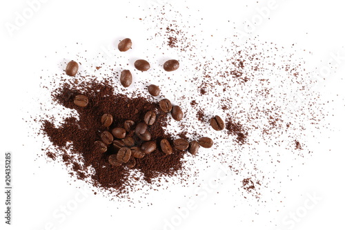 Pile of powdered, instant coffee and beans isolated on white background, top view © dule964