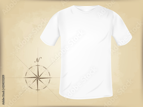 vector blank white men's t-shirt template on old nautical map background. mocap for clothing and print design