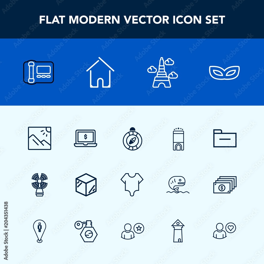 Modern, simple vector icon set with cute, landmark, business, packaging, compass, lighthouse, box, fashion, storage, travel, phone, stationary, luxury, east, party, seamark, hotel, paris, model icons