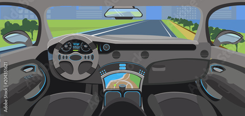 Electrocar salon. Vehicle interior comfort cabin with view of road in Window.