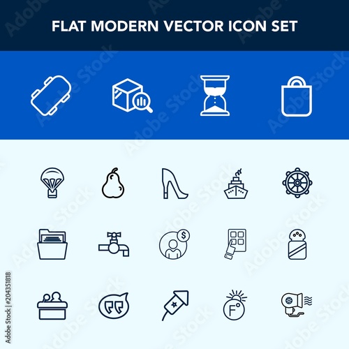 Modern, simple vector icon set with fresh, , bag, food, tap, people, skateboard, account, water, clock, nautical, shoe, high, rudder, hourglass, sand, ship, skate, accounting, financial, gift icons