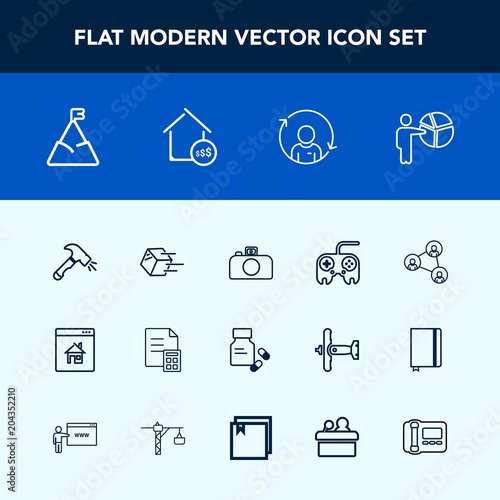 Modern, simple vector icon set with finance, blue, sky, technology, web, shipping, medical, equipment, property, business, medicine, photography, delivery, white, shovel, nature, person, banking icons