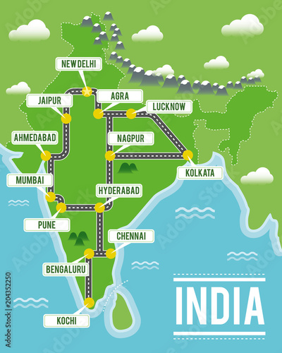 Cartoon vector map of India. Travel illustration with indian main cities.