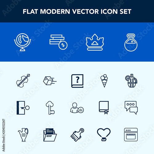 Modern, simple vector icon set with package, cello, laboratory, dessert, profile, musical, pen, graphic, sign, escape, white, food, cream, map, sound, key, tool, equipment, weapon, metal, paper icons