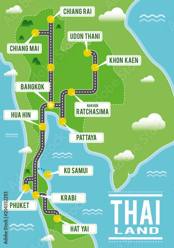 Cartoon vector map of Thailand. Travel illustration with thai main cities.