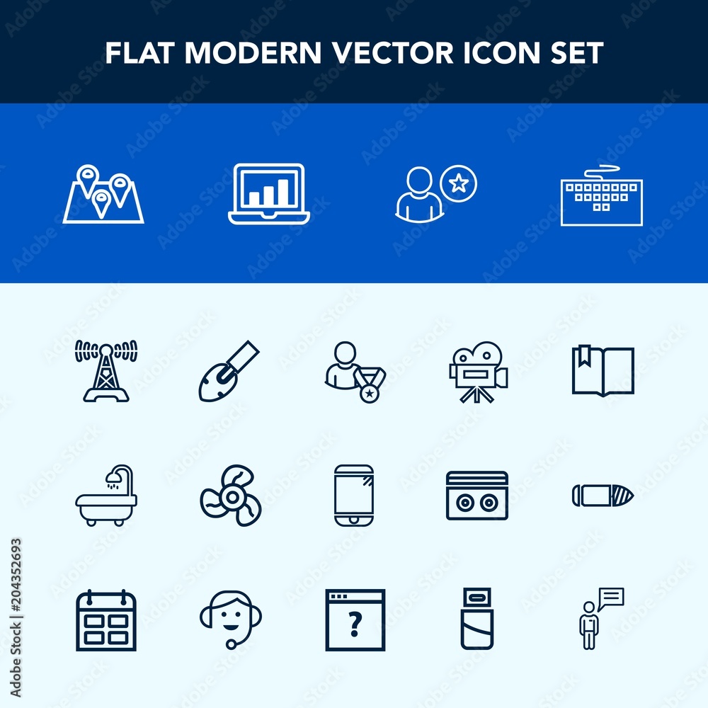 Modern, simple vector icon set with movie, screen, bathroom, equipment, location, fan, keyboard, chart, business, electric, air, travel, laptop, communication, interior, modern, online, tripod icons