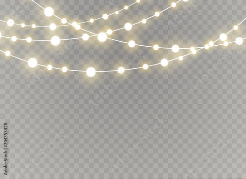 Christmas lights isolated realistic design elements. Glowing lights for Xmas Holiday greeting card design. Garlands, Christmas decorations.