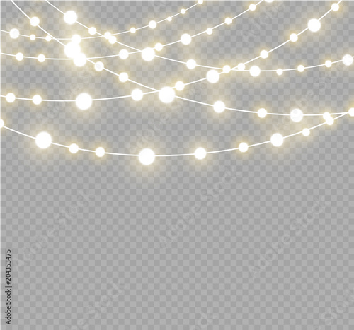Christmas lights isolated realistic design elements. Glowing lights for Xmas Holiday greeting card design. Garlands, Christmas decorations.