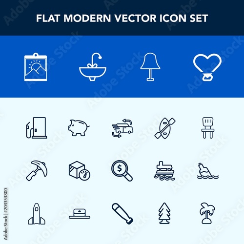 Modern, simple vector icon set with home, lamp, money, crane, oar, fast, delivery, blank, internet, search, transportation, interior, concept, bank, package, car, frame, chair, oil, finance, gas icons