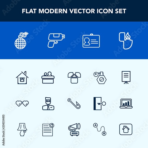 Modern, simple vector icon set with id, conference, web, beauty, flame, fashion, building, document, shirt, fish, meeting, tshirt, perfume, lighter, bomb, home, cigarette, identity, speaker, rod icons