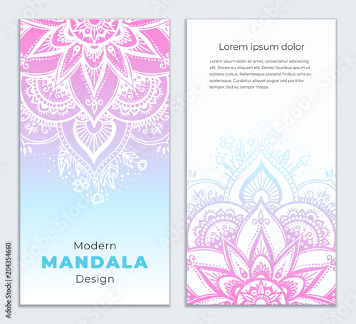 Abstract mandala banner design. Vector creative illustration with oriental boho elements. Gradient color theme flyers template