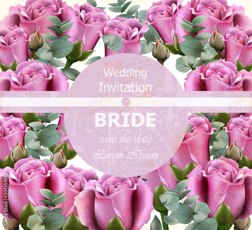 Wedding invitation with roses Vector. Beautiful card floral 3d backgrounds
