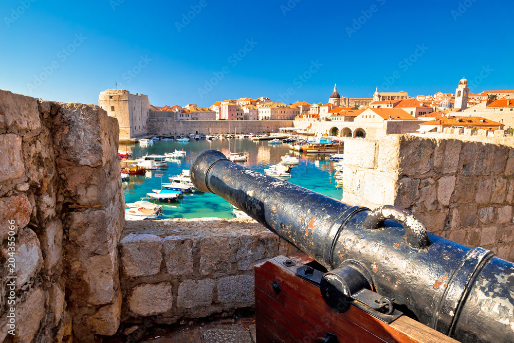 Dubrovnik harbor and landmarks view form defense walls