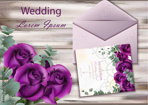 Wedding invitation card with purple violet roses on wood backgrounds