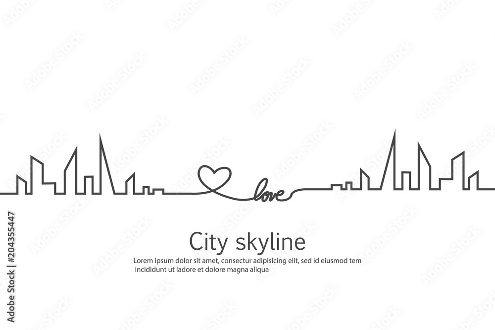 Silhouette of the city and heart and love in continuous drawing lines in a flat style. Modern urban landscape. Vector illustrations. City skyscrapers building office horizon.Continuous line drawing