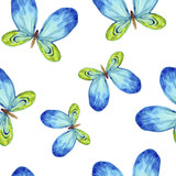 Watercolor illustration. Seamless pattern of blue-green butterflies on a white background