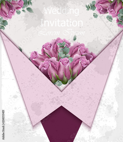 Wedding invitation with roses Vector. Beautiful card floral 3d backgrounds