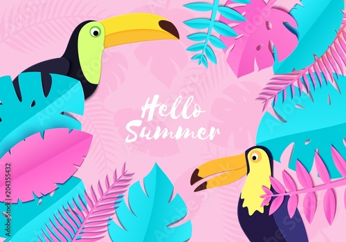 Tropical paradise paper background with leaves and exotic birds. Two toucans look out over the thickets of the jungle. Vector card illustration in paper art style. Blue and pink leaves