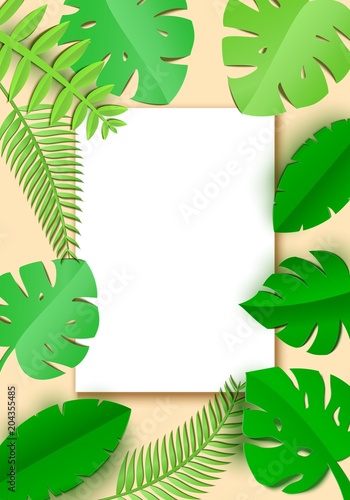 Jungle leaves in art paper style with white sheet with place for promotoin text. Spa salon card template. Exotic tropical jungle rainforest bright green palm monstera leaves border frame