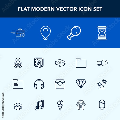 Modern, simple vector icon set with audio, point, file, security, time, megaphone, blank, sign, map, sound, chicken, radius, fish, music, timer, folder, cycle, equipment, safe, dessert, banking icons