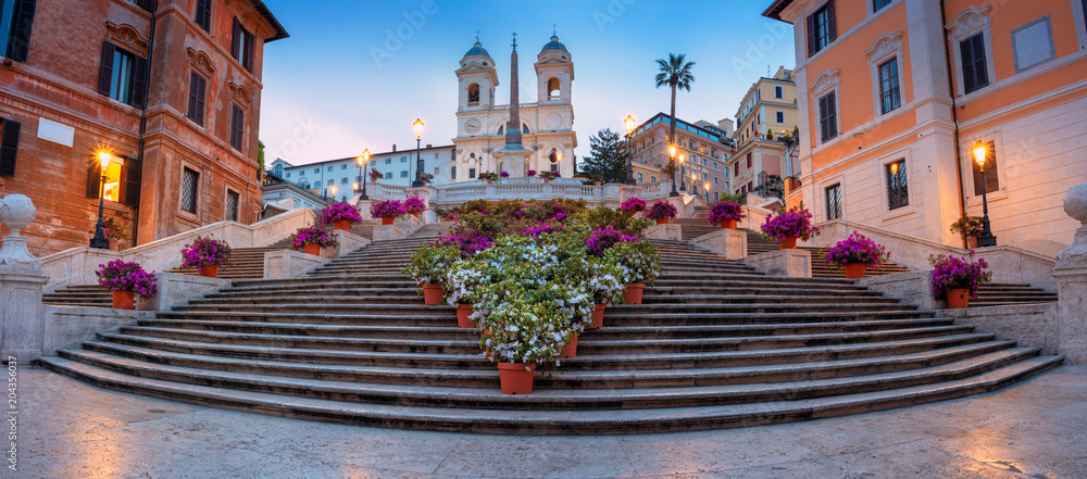 Rome. Panoramic cityscape image of Spanish Steps in Rome, Italy during sunrise. - obrazy, fototapety, plakaty 