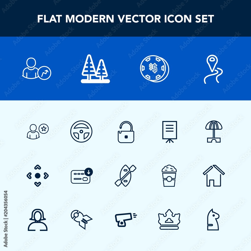 Modern, simple vector icon set with paddle, profile, map, road, security, account, arrow, finance, technology, business, money, online, canoe, environment, protection, gambling, sack, game, sun icons