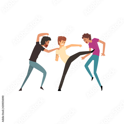 Men fighting and quarrelling, aggressive and violent behavior vector Illustration on a white background