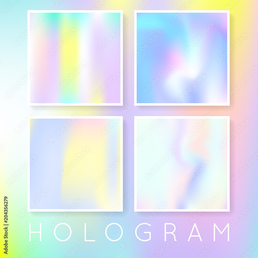 Gradient set with holographic mesh. Minimal abstract gradient set backdrops. 90s, 80s retro style. Iridescent graphic template for brochure, flyer, poster, wallpaper, mobile screen.