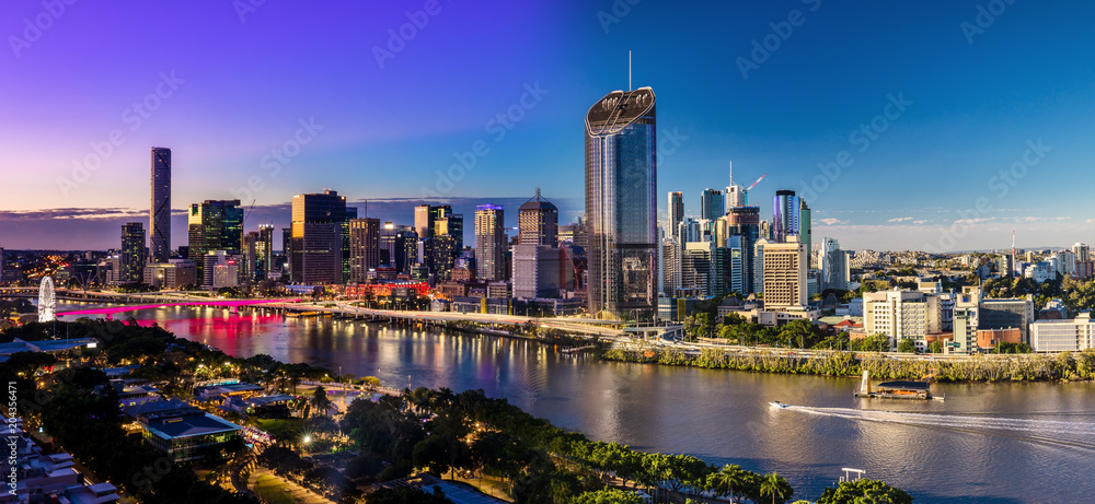 Panoramic day and night areal image of Brisbane CBD and South Bank, Australia