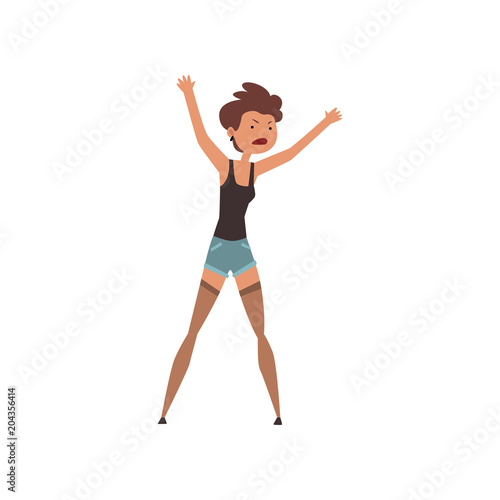Aggressive girl standing with arms raised, aggressive and violent behavior vector Illustration on a white background