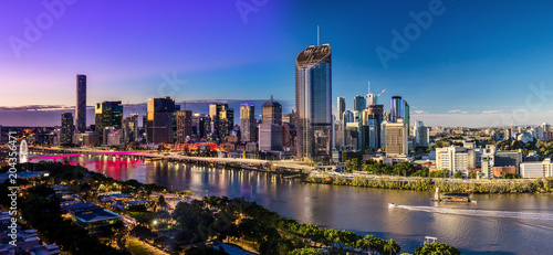 Panoramic day and night areal image of Brisbane CBD and South Bank, Australia