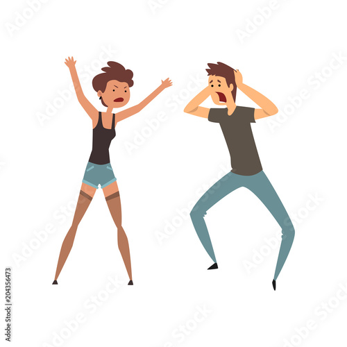 Boy yelling at his girlfriend, aggressive and violent behavior vector Illustration on a white background