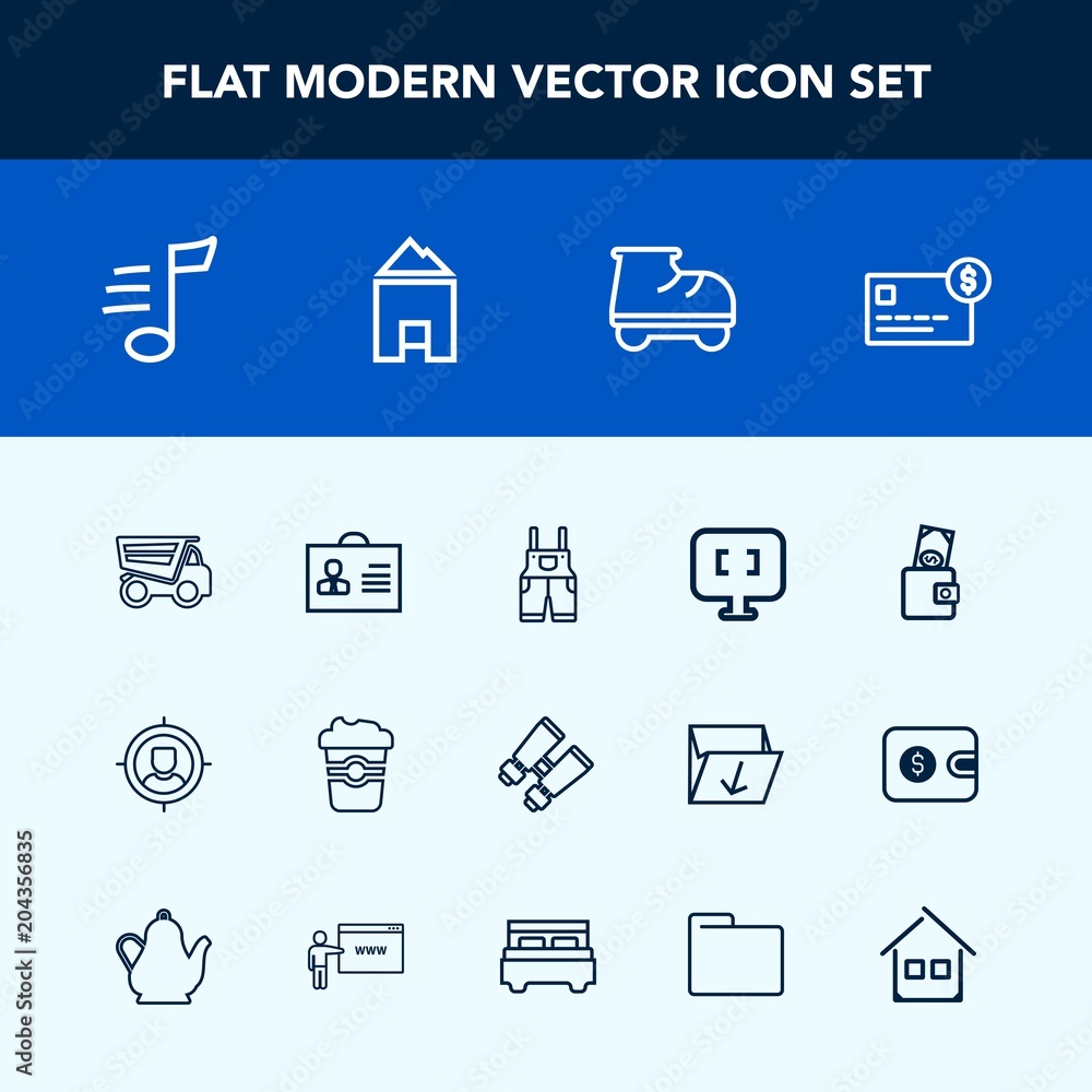 Modern, simple vector icon set with dumper, customer, tune, spy, internet, tipper, fun, vision, coffee, money, musical, roller, glasses, uniform, pc, marketing, music, watch, computer, drink icons