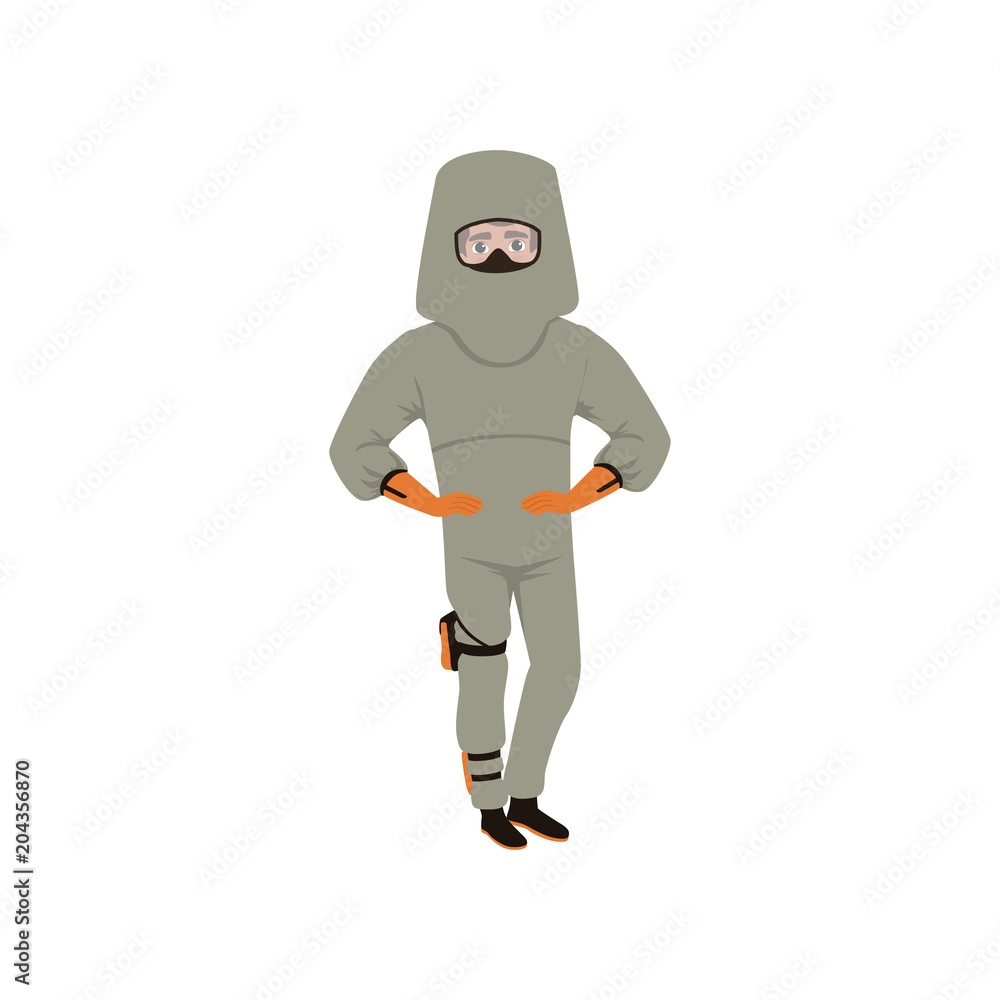 Man in advanced bomb suit and helmet. Explosive ordnance disposal technician. Dangerous profession. Flat vector design Man in advanced bomb suit and helmet. Explosive ordnance disposal technician. Dangerous profession. Flat vector design