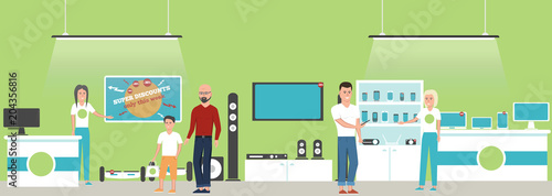 Electronics store banner with shopping people
