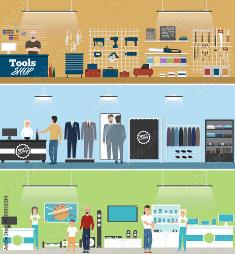 Tools shop, electronics store and men clothing
