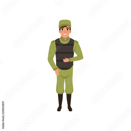 Army trooper wearing green uniform, cap and bulletproof vest. Member of armed forces. Colorful flat vector design