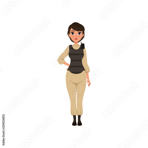 Woman soldier in beige uniform and bulletproof vest with walkie-talkie on shoulder. Young girl in military clothes. Flat vector design