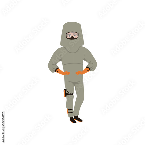 Man in advanced bomb suit and helmet. Explosive ordnance disposal technician. Dangerous profession. Flat vector design