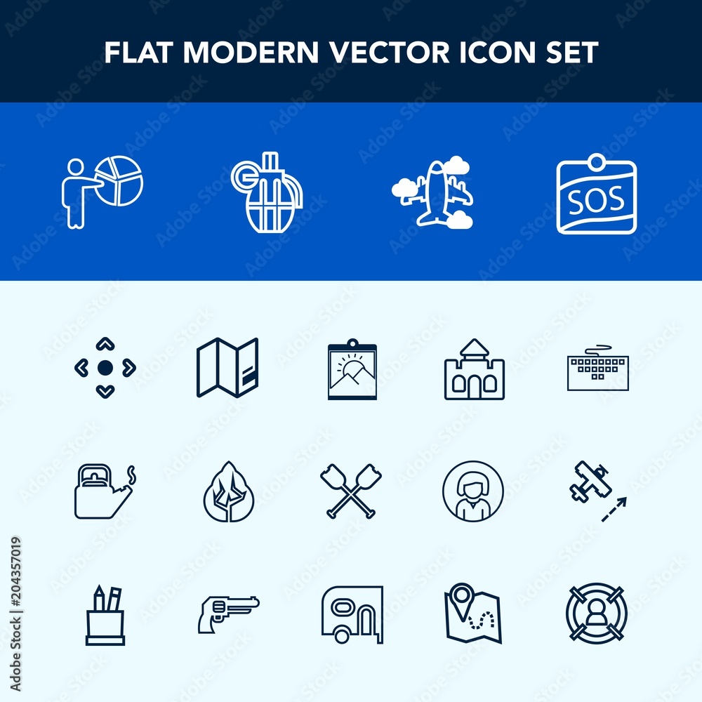 Modern, simple vector icon set with button, work, presentation, aircraft, blank, businessman, tower, sign, label, computer, building, steam, kitchen, meeting, hot, canoe, sos, travel, castle icons