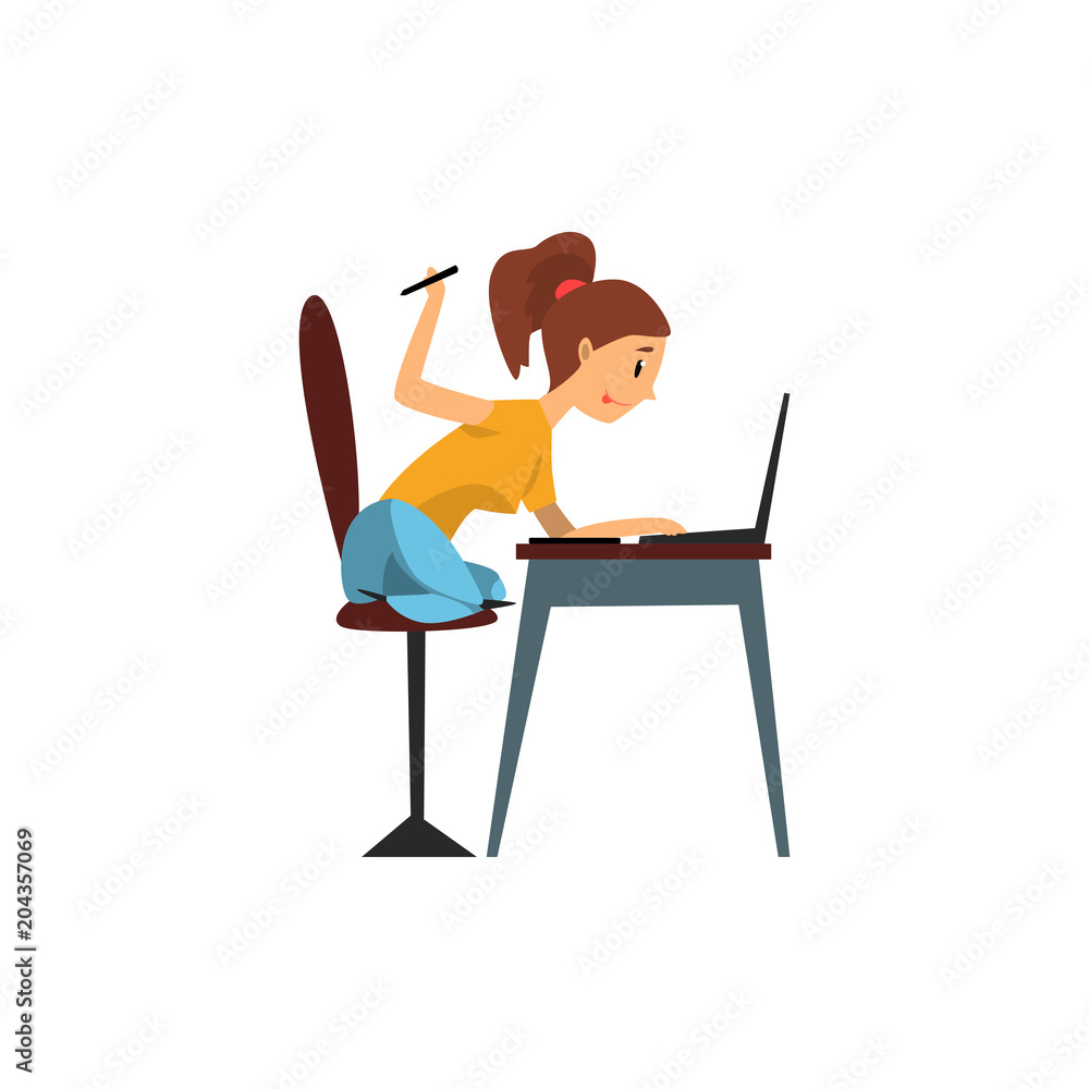 Girl working with tablet in front of computer screen cartoon vector Illustration on a white background Girl working with tablet in front of computer screen cartoon vector Illustration on a white background