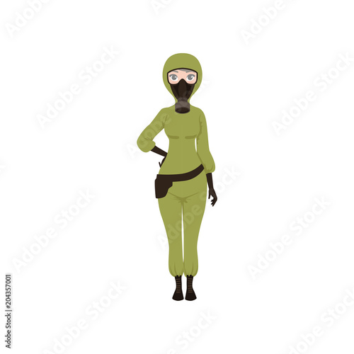Woman dressed in chemical protective suit, gloves, gas mask and bag on thigh. Protection from hazardous chemicals. Flat vector design