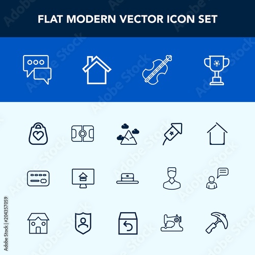 Modern, simple vector icon set with bank, sport, blue, stadium, object, pitch, speech, event, home, celebration, festival, hat, house, bubble, championship, competition, real, nature, bag, card icons