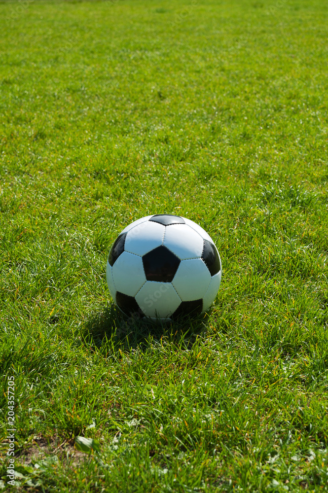 Fussball Ball schwarz weiss klassisch auf grüner Wiese alleine liegend Fussball Ball schwarz weiss klassisch auf grüner Wiese alleine liegend