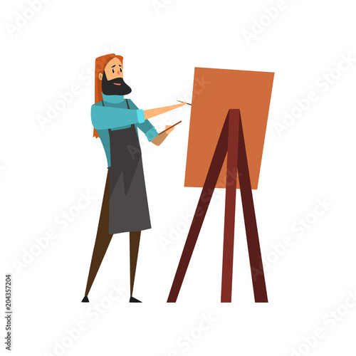 Bearded male professional artist character in apron drawing on an easel with paints cartoon vector Illustration on a white background