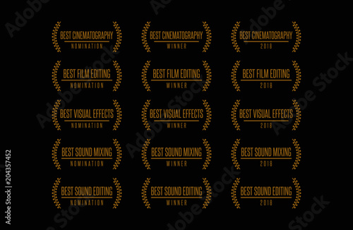 Movie award technical nomination winner best cinematography visual effects sound editing vector logo icon set