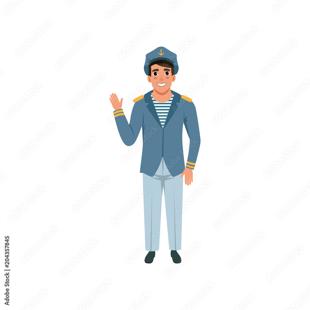 Cheerful navy captain waving hand. Naval officer in formal wear: blue jacket, pants, striped vest and peaked cap. Flat vector design