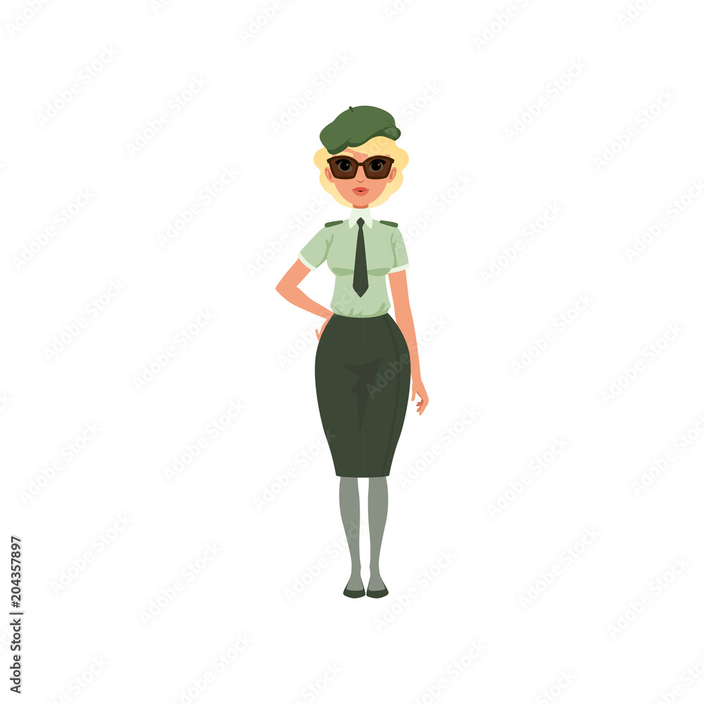 Cartoon woman in formal military dress: green shirt, tie, skirt, beret and sunglasses. Young girl in army officer costume. Flat vector Cartoon woman in formal military dress: green shirt, tie, skirt, beret and sunglasses. Young girl in army officer costume. Flat vector