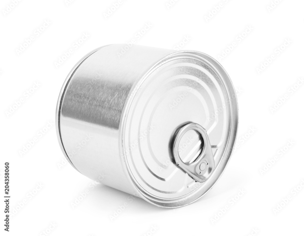 Close-up various metal and white tin can on white background separated shot. Include clipping path in both object. Close-up various metal and white tin can on white background separated shot. Include clipping path in both object.