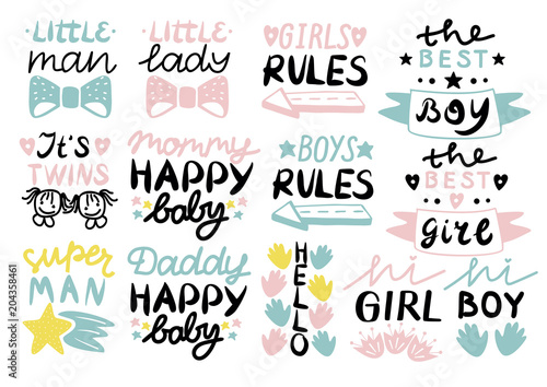 13 children s logo with handwriting Little man,lady, Girls, boys rules, Mommy, Daddy happy baby, Hello, It s twins.